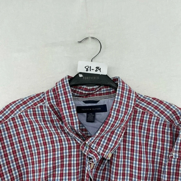 Tommy Hilfiger Button-Down Shirt Men's Sz XXL Red Blue Plaid Collared Pocket - Picture 10 of 10